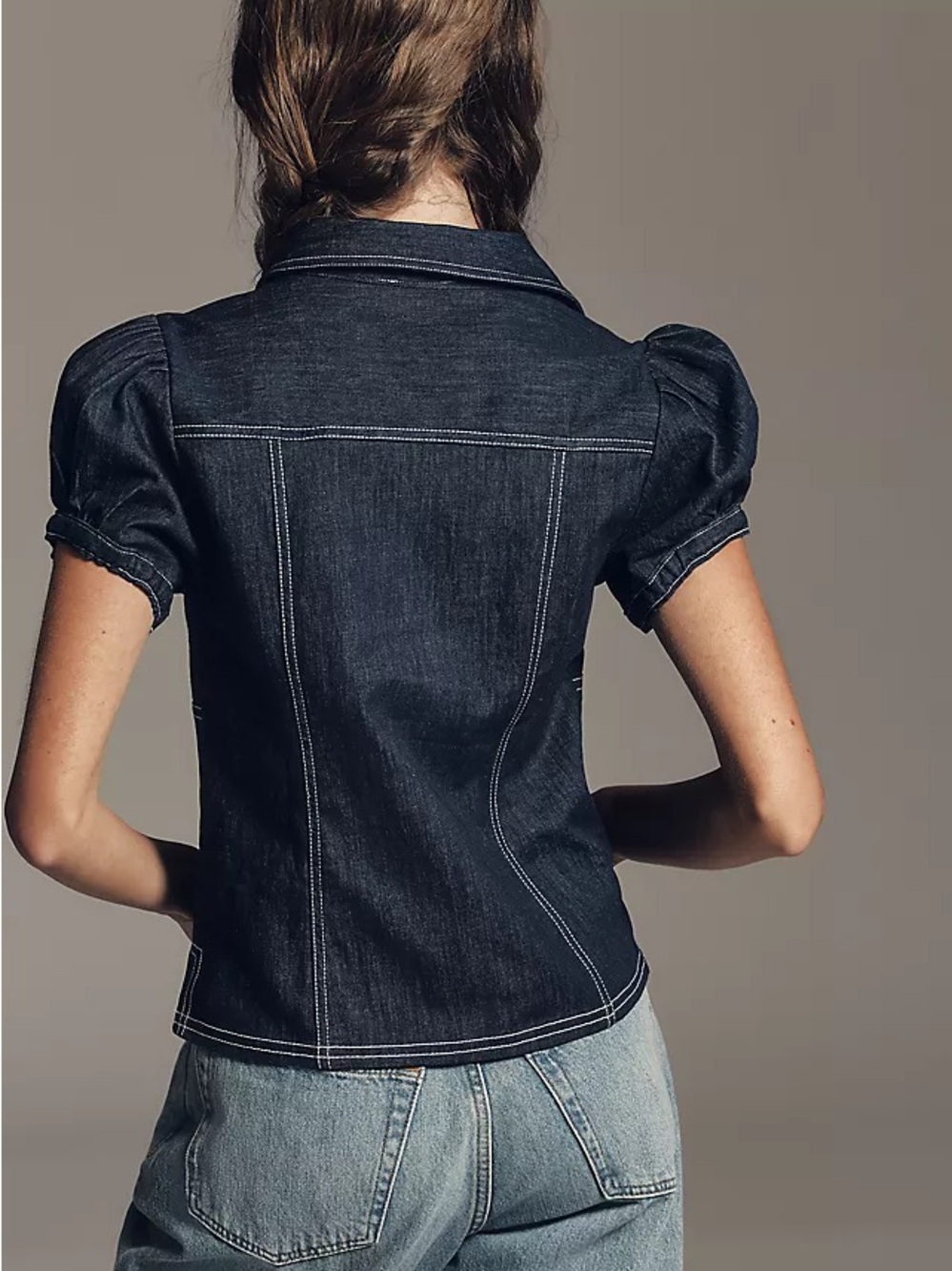Anthropologie Pilcro Denim Puff Sleeve Top - Picture 2 of 7